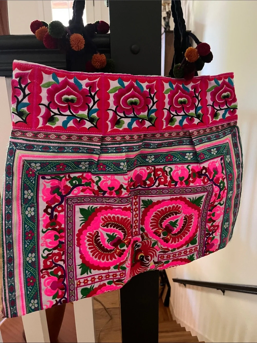 Boho Embroidered Floral Tote Bag in Bright Pink
